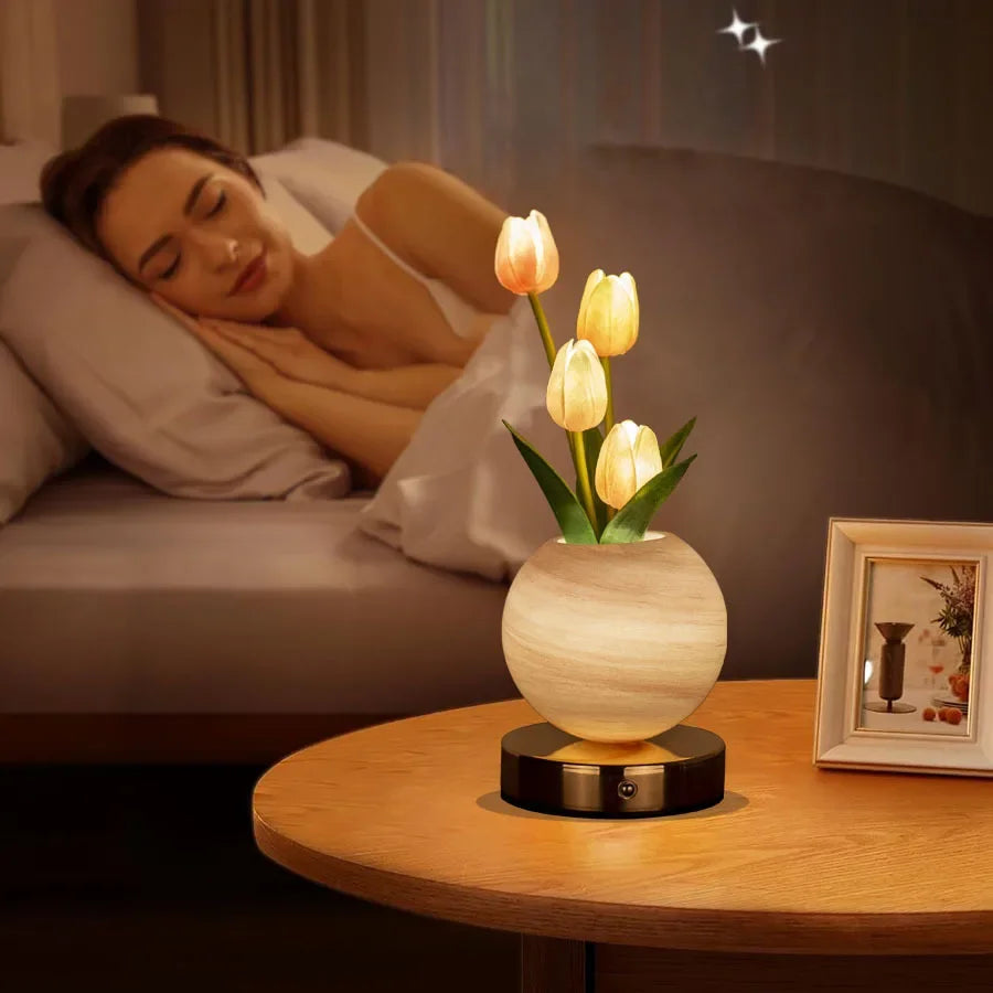 Illuminate Your Space with the Tulip LED Night Light - USB Rechargeable Table Lamp for Bedroom Decor and Festive Celebrations