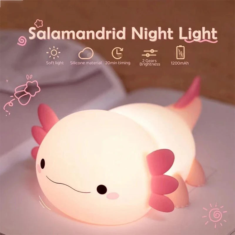 Adorable Axolotl Night Light - USB Rechargeable Touch Control Table Lamp for Kids and Nursery