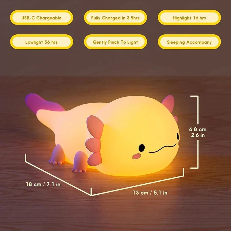 Adorable Axolotl Night Light - USB Rechargeable Touch Control Table Lamp for Kids and Nursery